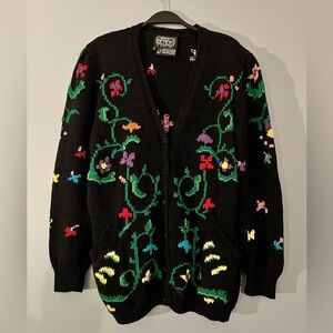 Vintage Berek 100% Pima Cotton Floral Embroidered Cardigan Sweater | Size M